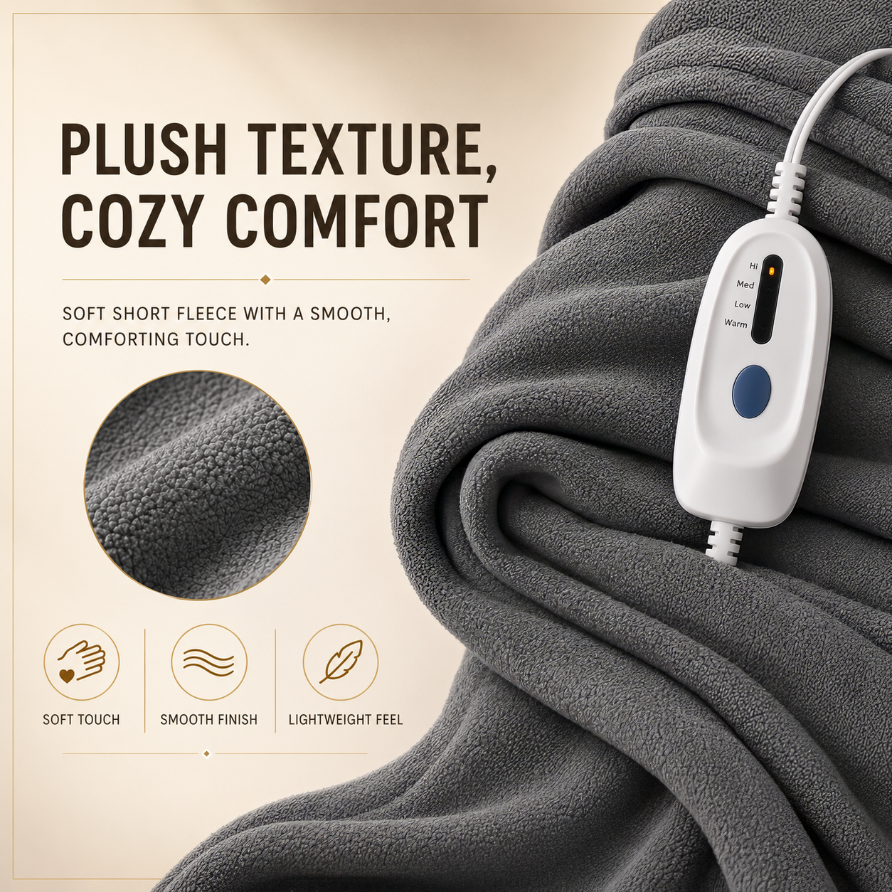 SUNNY HEAT Electric Heated Blanket, 72'' x 84'', Comfortable Polar Fleece, Light Grey