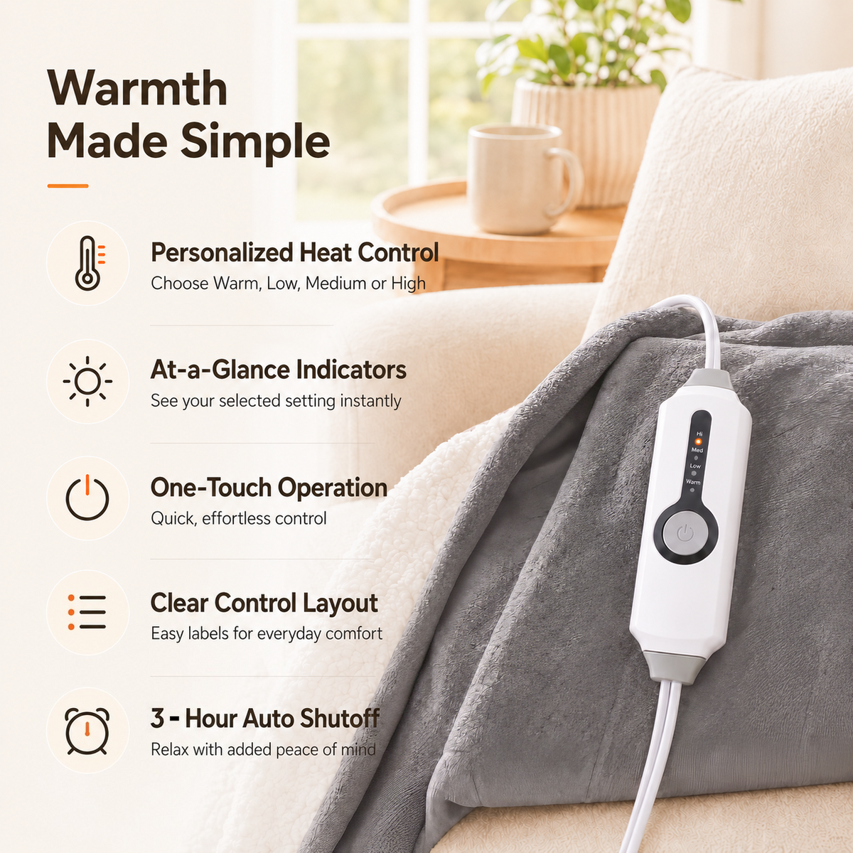 SUNNY HEAT Electric Blanket Heated Throw Fleece & Sherpa Fabric 50" x 60" Throw Size-4 Heating Settings & 3 Hours Auto Off, Super Soft Machine Washable-Grey
