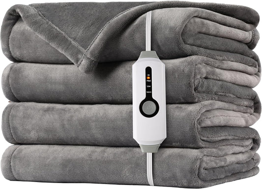 SUNNY HEAT Electric Heated Blanket Flannel 72" x 84" Full Size-4 Heating Settings &amp; 10 Hours Auto Off, Warm Machine Washable- Light Gray