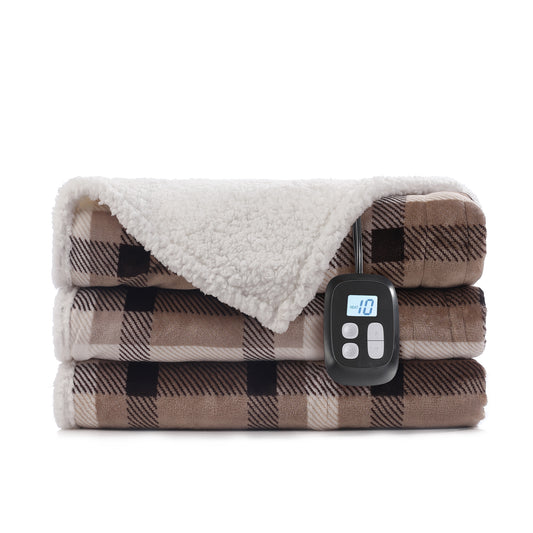SUNNY HEAT Electric Heated Blanket 72"x84" Full Size, 10 Heating Levels & 12 H Auto Shut Off, Cotton & Microplush Plaid, Brown