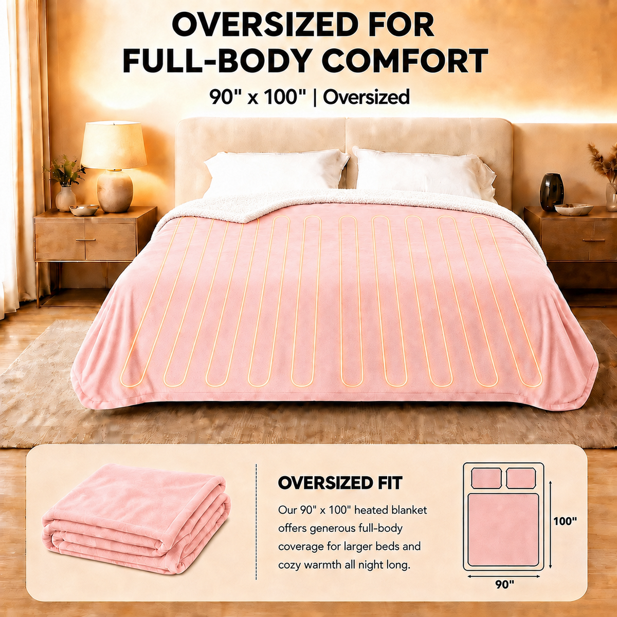 SUNNY HEAT Heated Electric Blanket King 90"×100", 10 Heat Settings, 1-12 Hour Auto Off, Washable, Cherry Blossom Pink