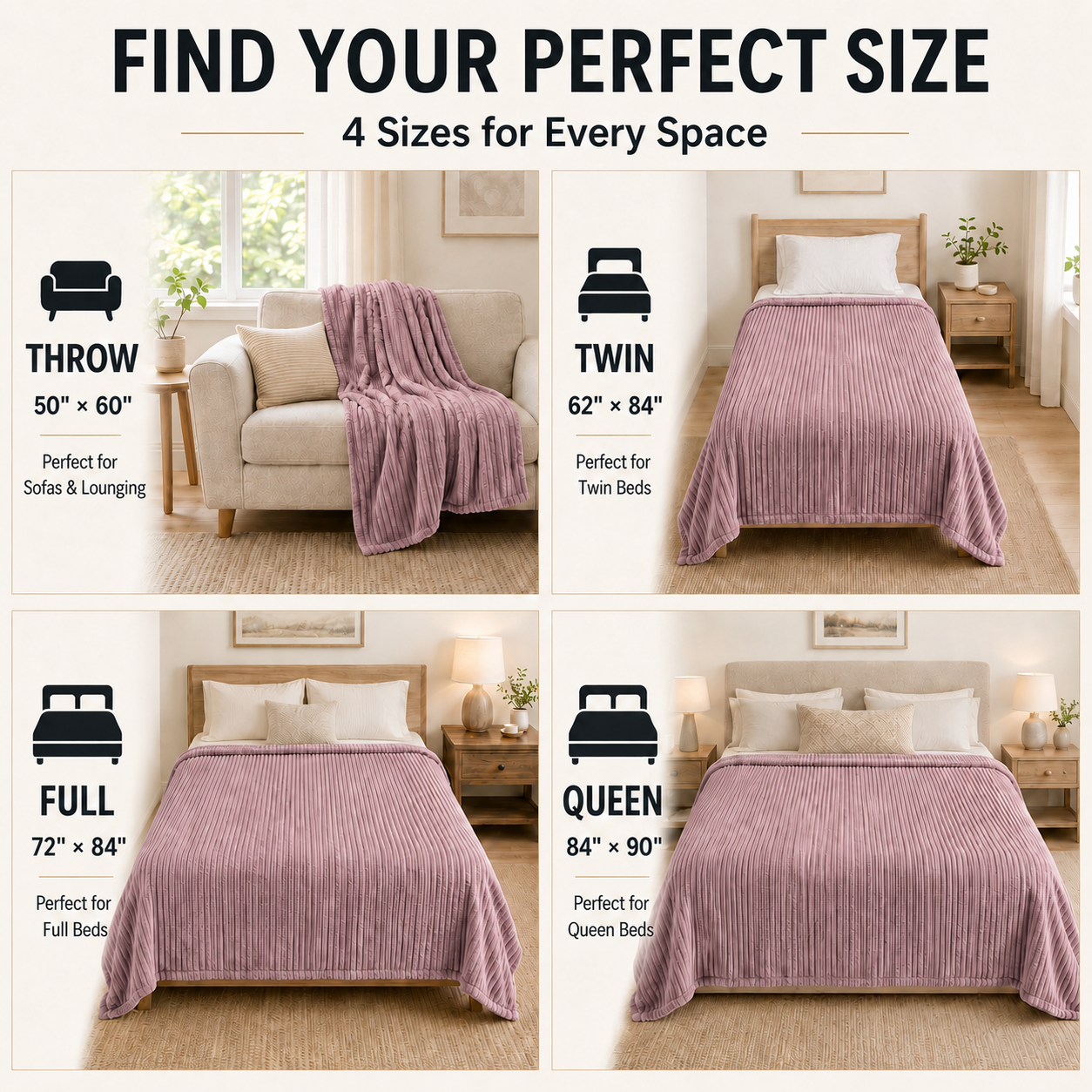 SUNNY HEAT Heated Electric Blanket Ribbed Flannel 62"x84" Twin Size - 9 Heating Levels & 1-10 Hours Auto Off - Dusty Pink