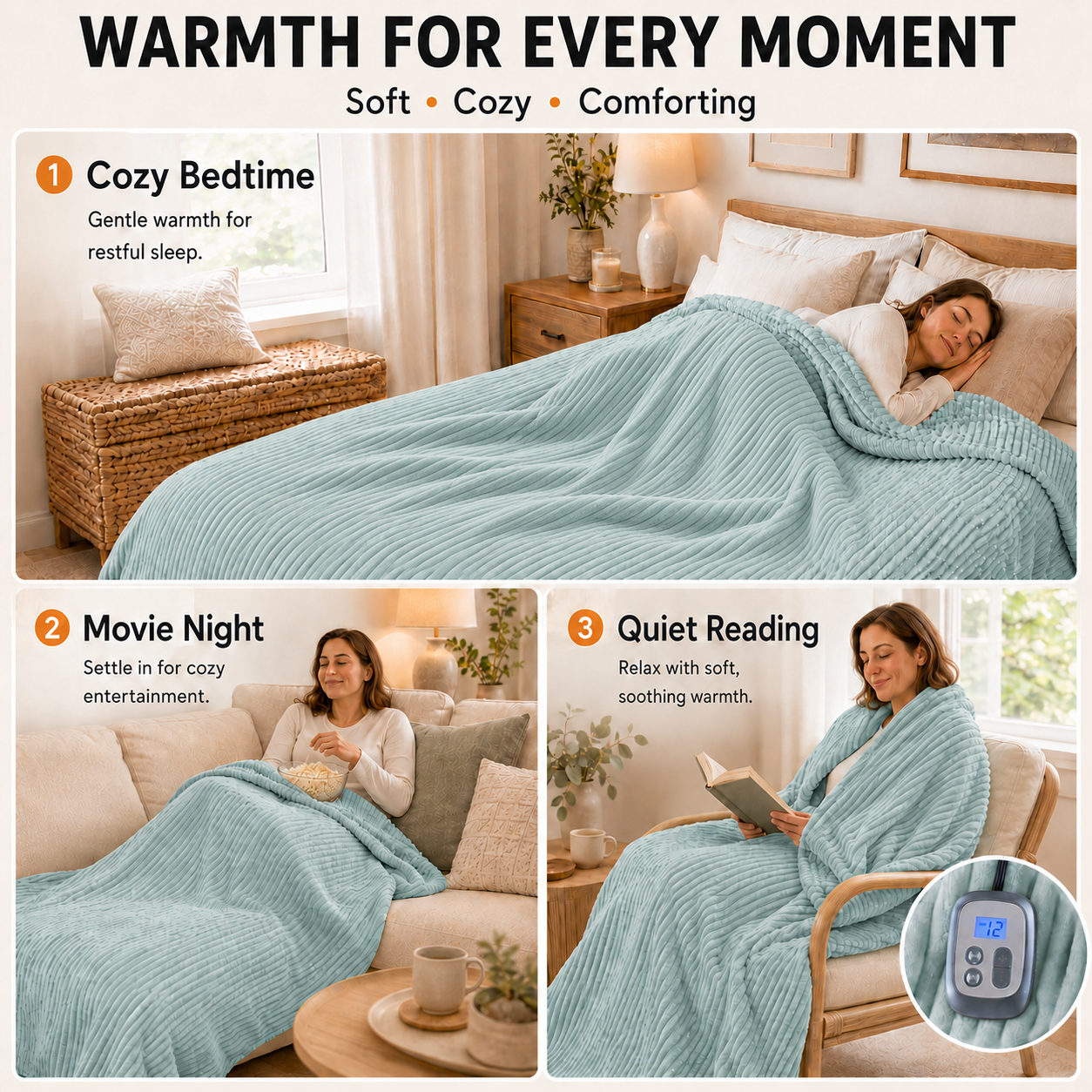 Heated Electric Blanket Ribbed Flannel 72"x84" Full Size - 10 Heating Settings & 12 Hours Auto off, Thick and Warm Washable - Mint Green