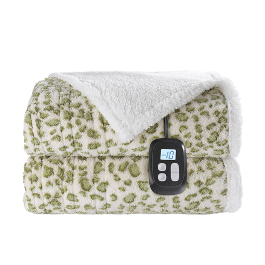 SUNNY HEAT Heated Electric Blanket Full Size 72'' x 84'' 6 Heating Levels & 1-10 Hours Auto Off , Leopard Green & White