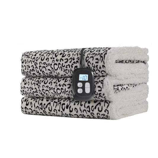 SUNNY HEAT Heated Electric Blanket Full Size 72'' x 84'' 6 Heating Levels & 1-10 Hours Auto Off , Leopard Black & White