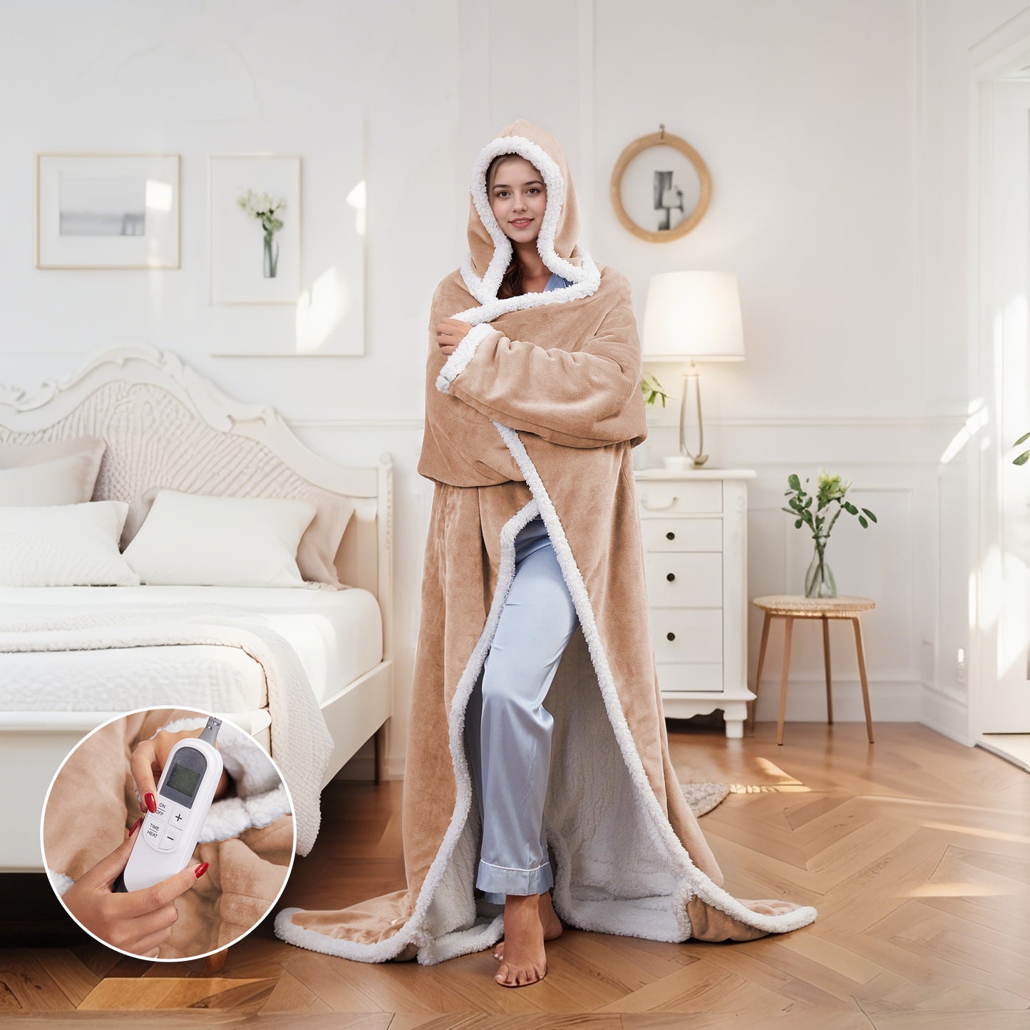 SUNNY HEAT Wearable Electric Heated Blanket 50"x70" , Soft Flanne & Cotton Fleecel,Warm and Cozy, Bed, Sofa,Travel Use,khaki