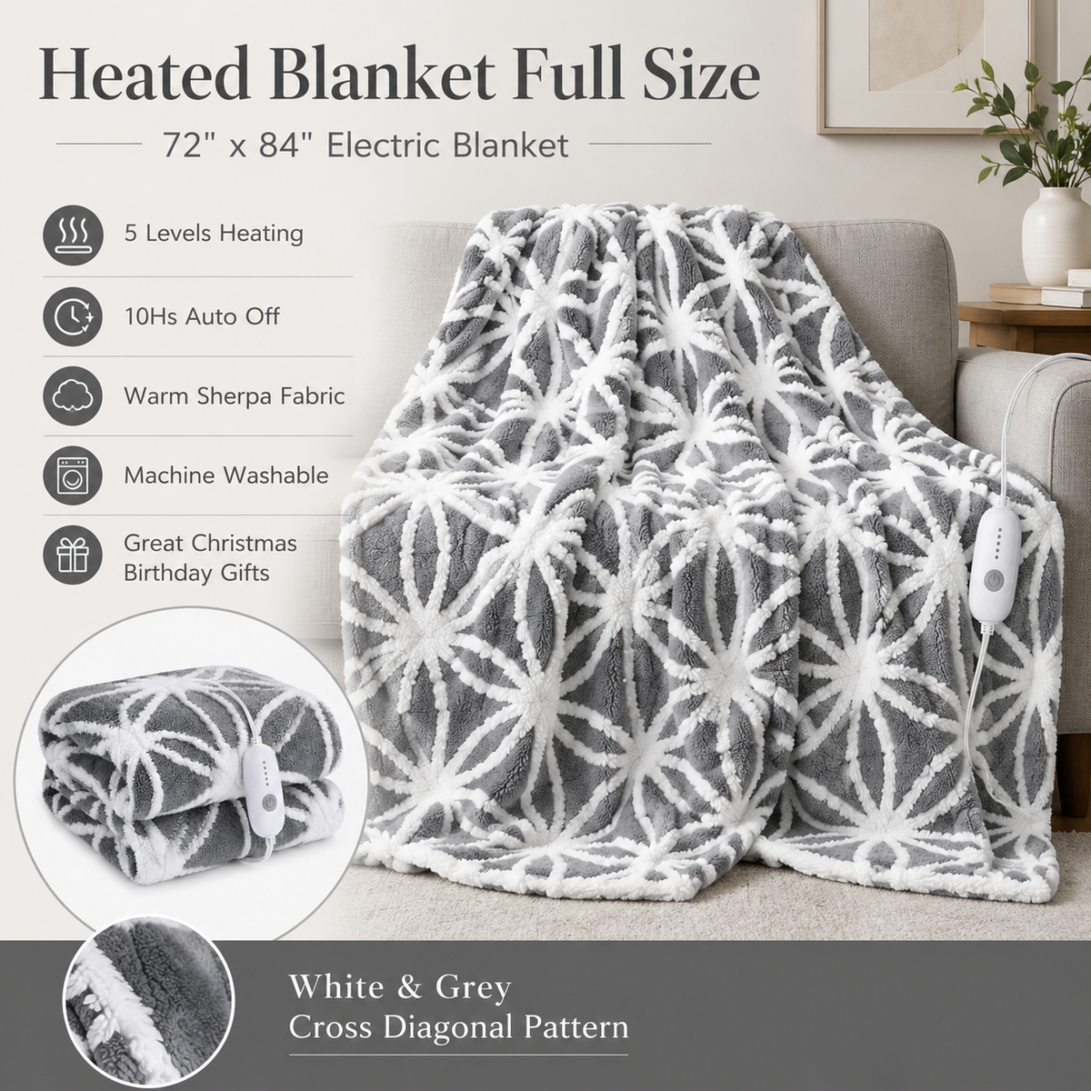 SUNNY HEAT Electric Heated Blanket 5 Heating Levels & 10 H Auto Shut Off, Warm Sherpa & Breathable, 72x84 Inch, Gray