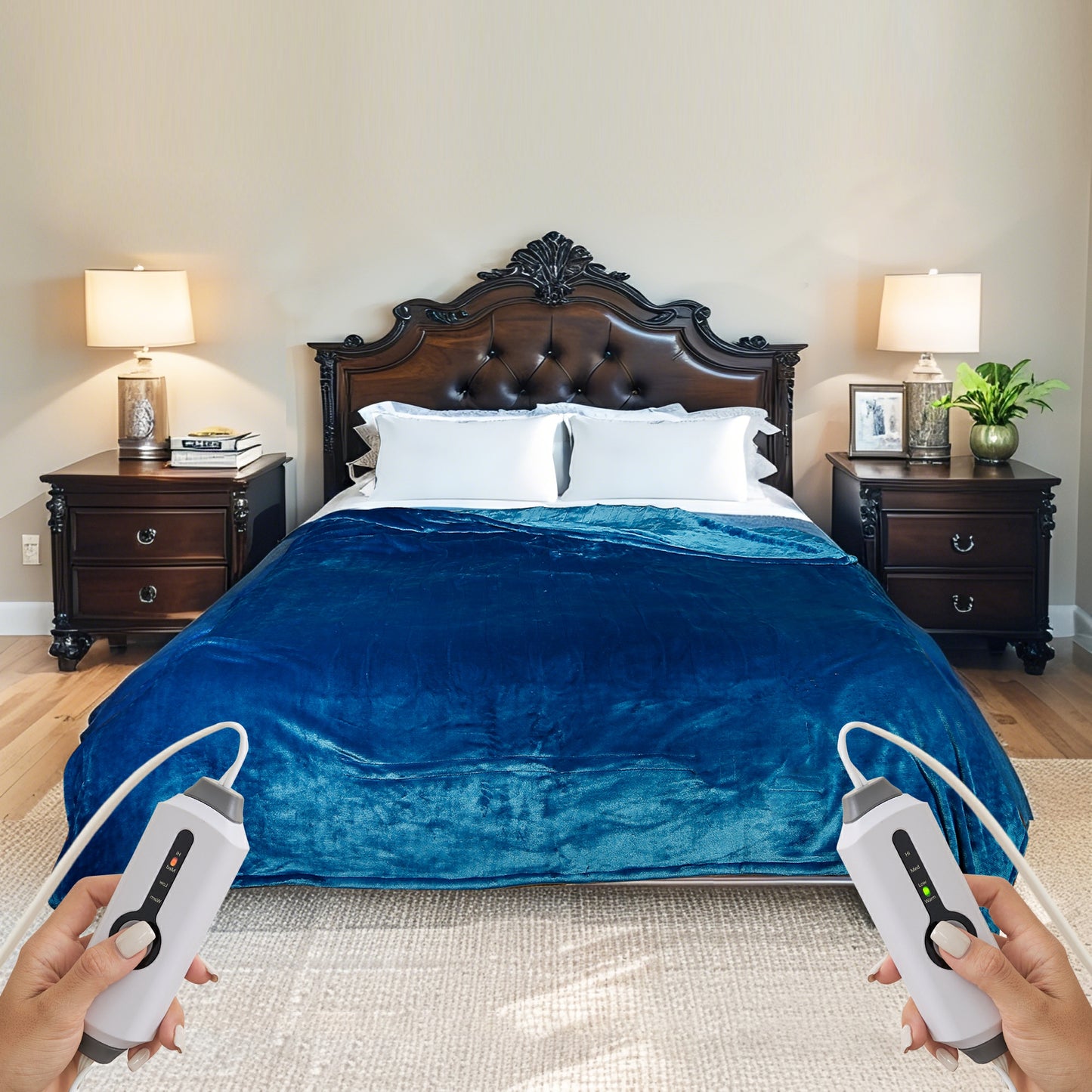 SUNNY HEAT Electric Heated Blanket Flannel Queen Size 84" x 90", 4 Heating Settings & 10 Hours Auto Off, Cozy Dual Control, Blue