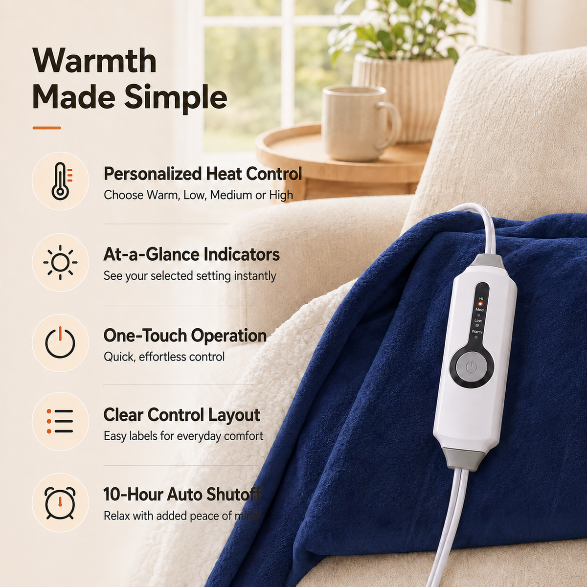 SUNNY HEAT Electric Heated Blanket 72"x84" Full Size Warm for Whole Body, 4 Heating Levels and 10 Hours Auto-off Overheating Protection - Midnight Blue