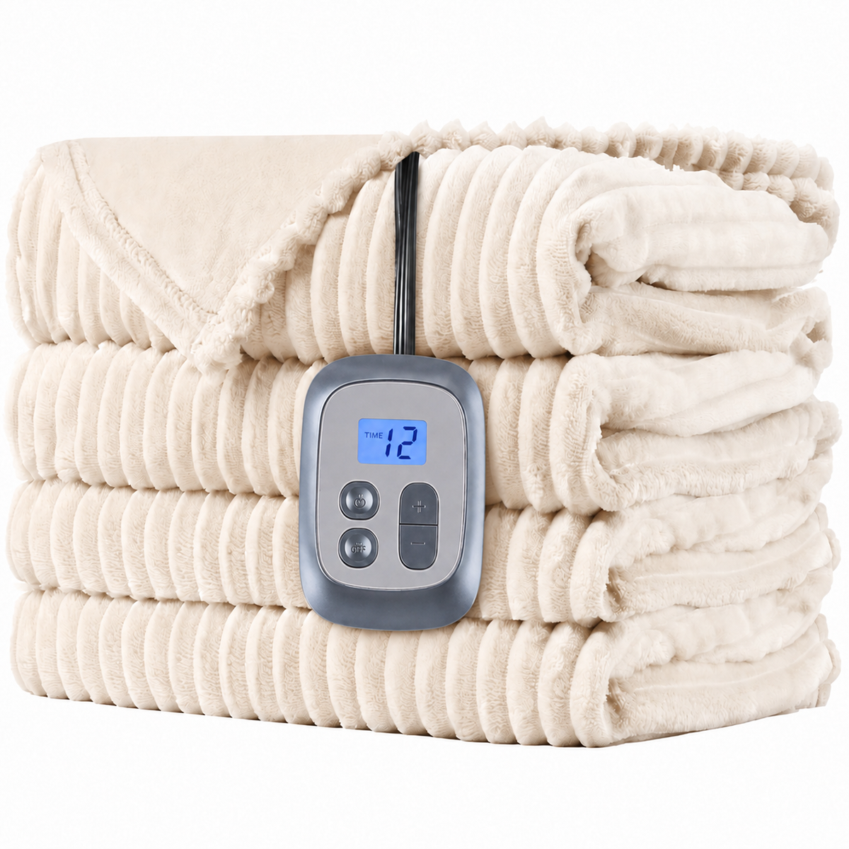 SUNNY HEAT Heated Electric Blanket Ribbed Flannel 72"x84" Full Size - 10 Heating Settings & 2/4/6/8/10/12 Hours Auto off, Thick and Warm Washable - White