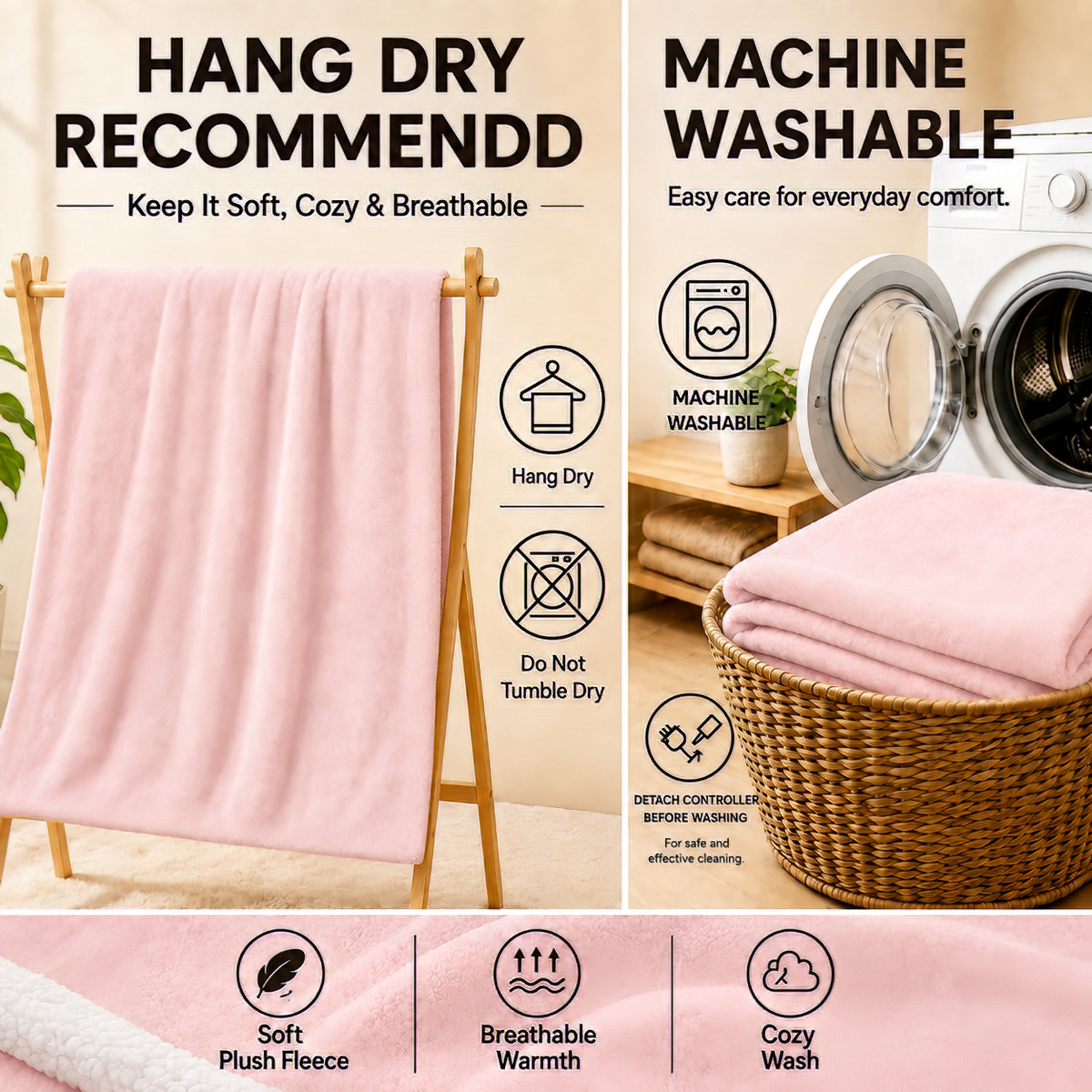SUNNY HEAT Heated Electric Blanket King 90"×100", 10 Heat Settings, 1-12 Hour Auto Off, Washable, Cherry Blossom Pink