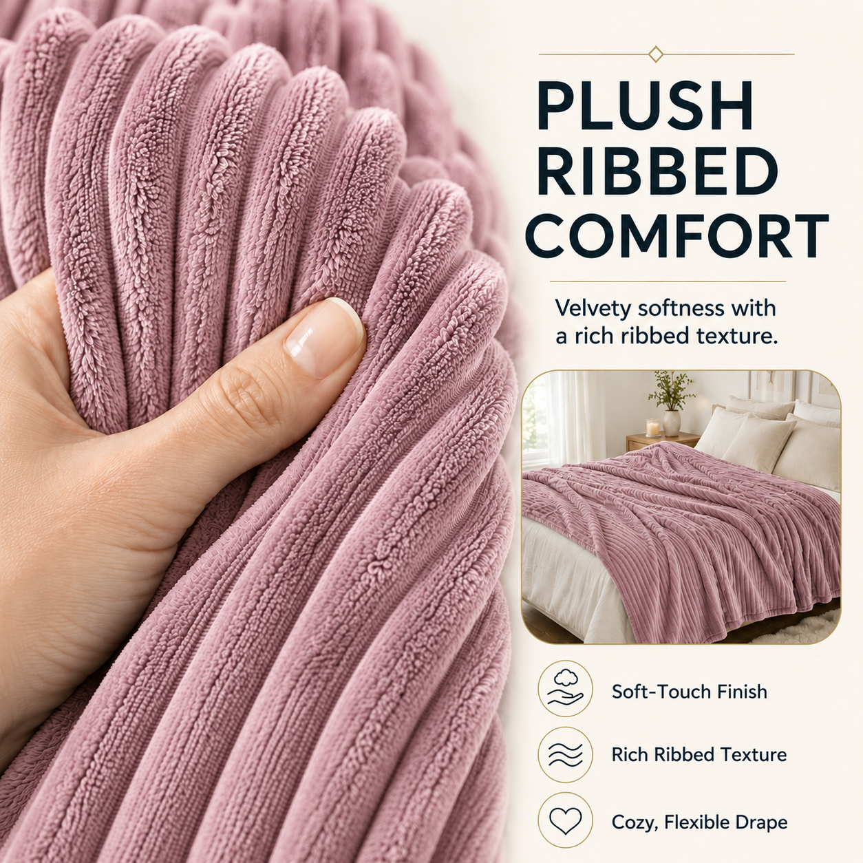 SUNNY HEAT Heated Electric Blanket Ribbed Flannel 50"x60" Throw Size - 9 Heating Levels & 1-10 Hours Auto Off, Thick and Warm Washable - Dusty Pink