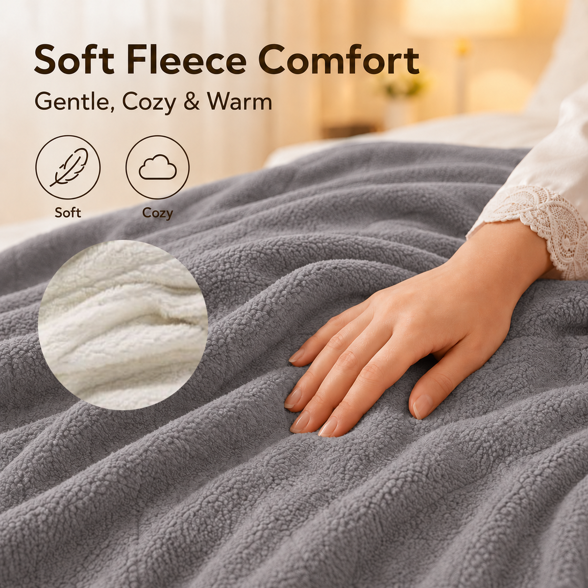 SUNNY HEAT Electric Blanket Heated Throw Fleece & Sherpa Fabric 50" x 60" Throw Size-4 Heating Settings & 3 Hours Auto Off, Super Soft Machine Washable-Grey