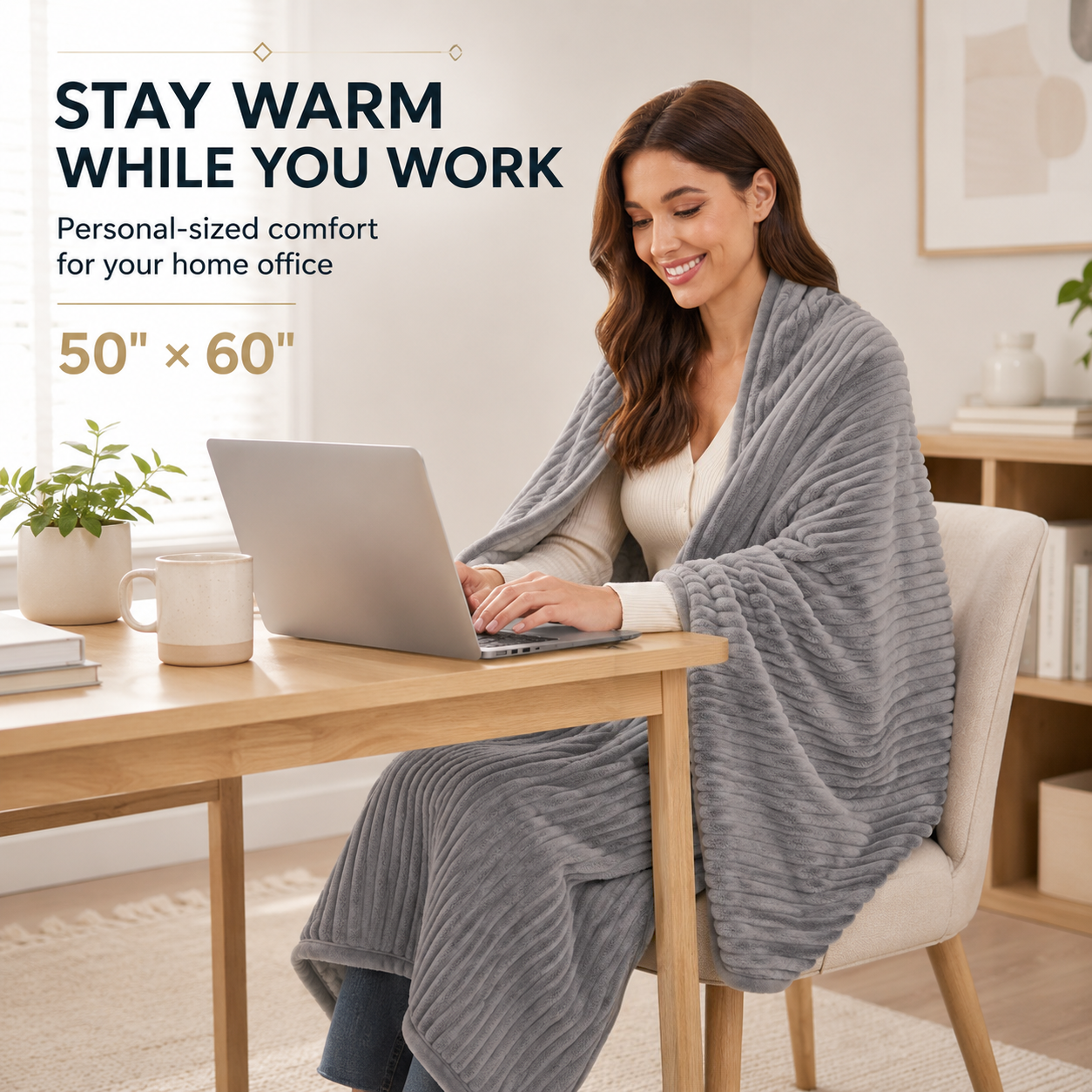 SUNNY HEAT Heated Electric Blanket Ribbed Flannel 50"x60" Throw Size - 9 Heating Levels & 1-10 Hours Auto Off, Thick and Warm Washable - Gray