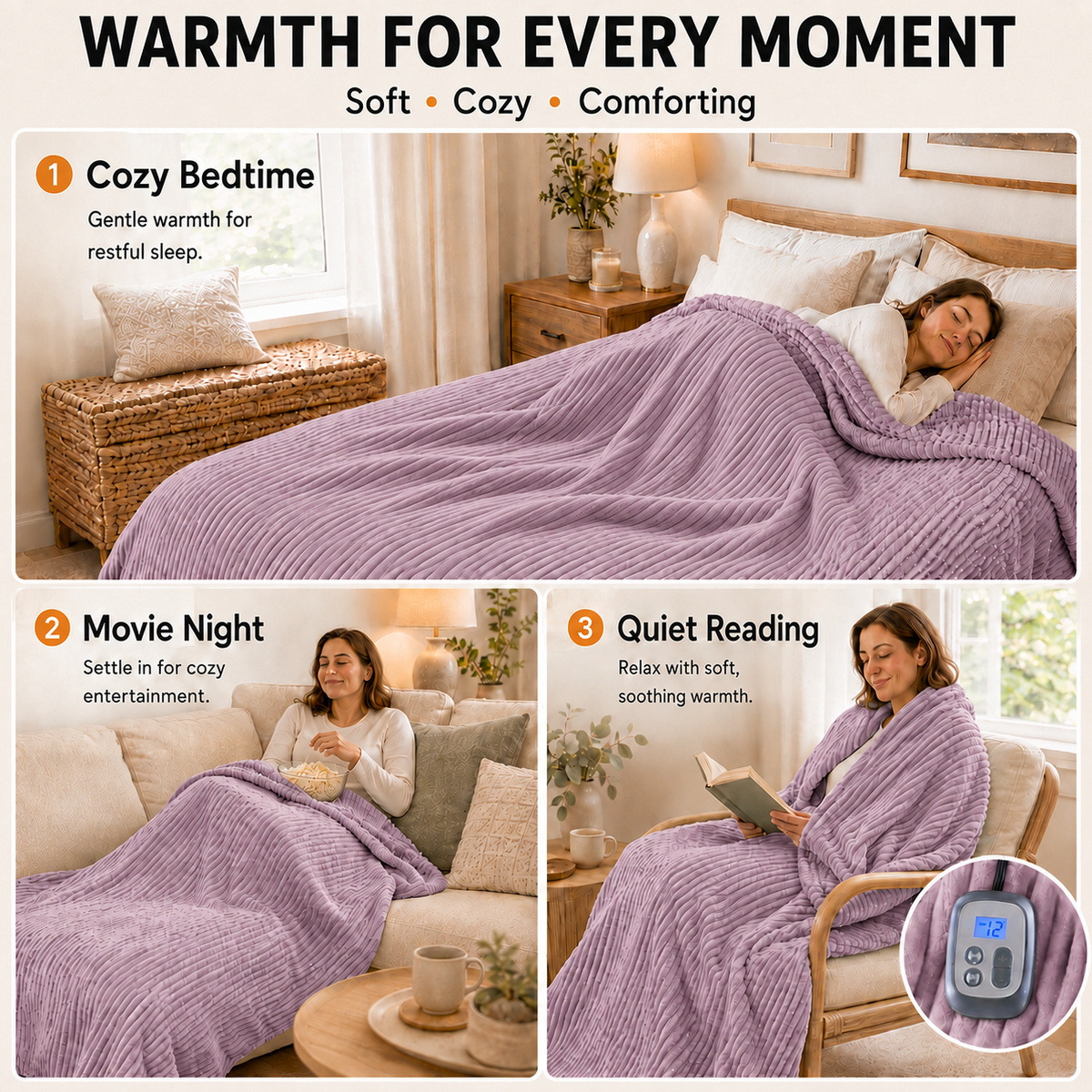 Heated Electric Blanket Ribbed Flannel 72"x84" Full Size - 10 Heating Settings & 12 Hours Auto off, Thick and Warm Washable - Purple