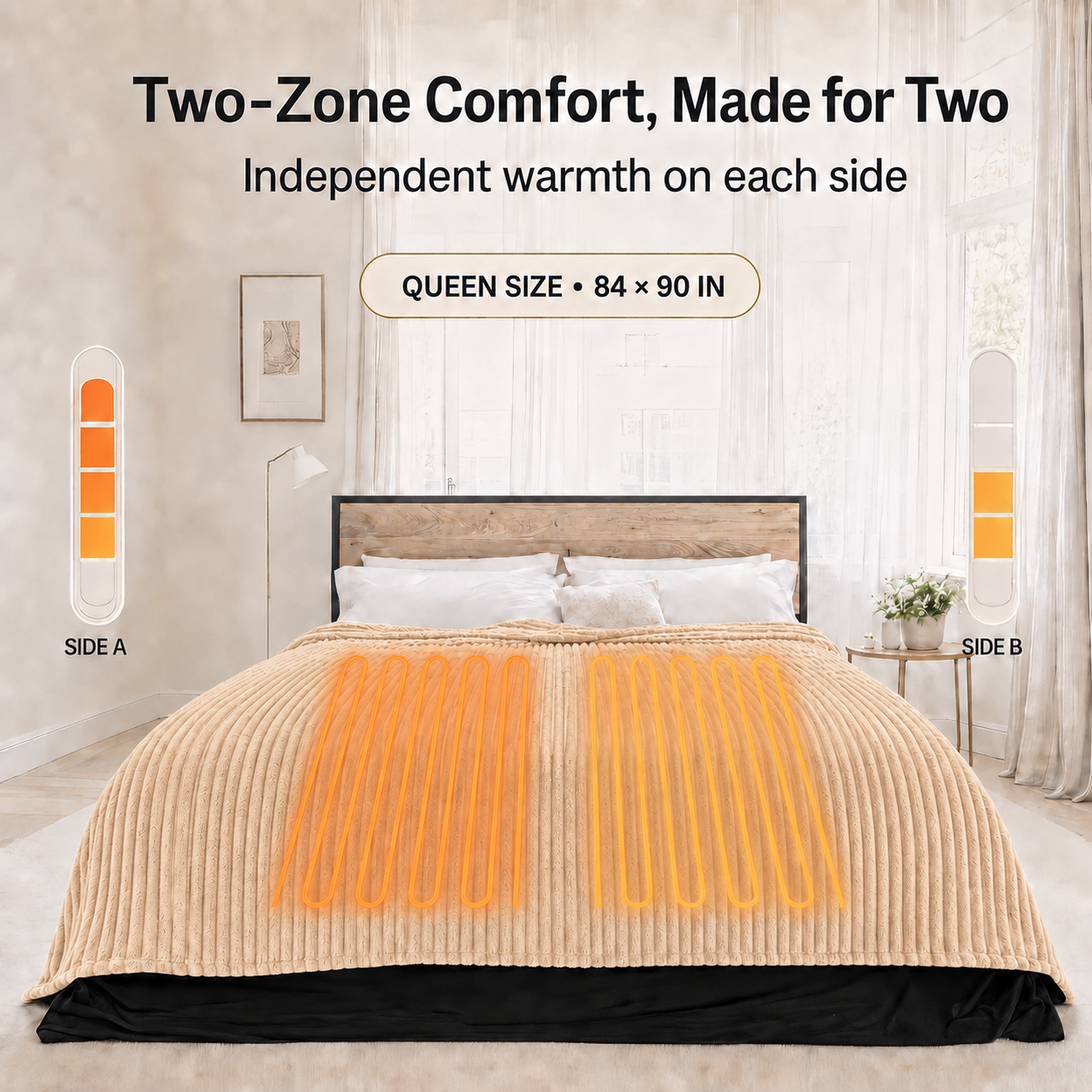 SUNNY HEAT Electric Heated Blanket 84'' x 90'' Queen Size Flannel Machine Washable, Warm and Cozy all Night, 10Heating Levels & 12 Hours Auto Off Dual Control-Brown
