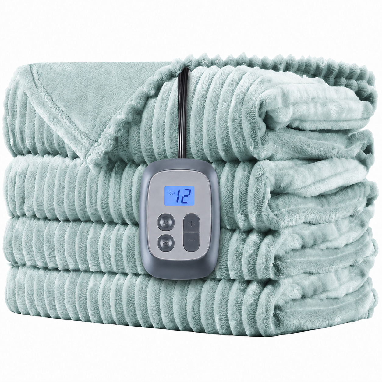Heated Electric Blanket Ribbed Flannel 72"x84" Full Size - 10 Heating Settings & 12 Hours Auto off, Thick and Warm Washable - Mint Green