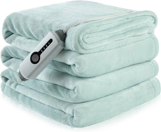 SUNNY HEAT Electric Heated Blanket Flannel King Size 90" x 100" Dual Control, 4 Heating Settings & 10 Hours Auto Off, Green