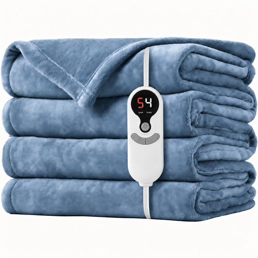 SUNNY HEAT Electric Blanket Heated Throw 50" x 60" -Fast Heating 9 Levels & 10H Auto off, Warm Soft Fannel Machine Washable, for Bed/Couch/Office, Blue Gray