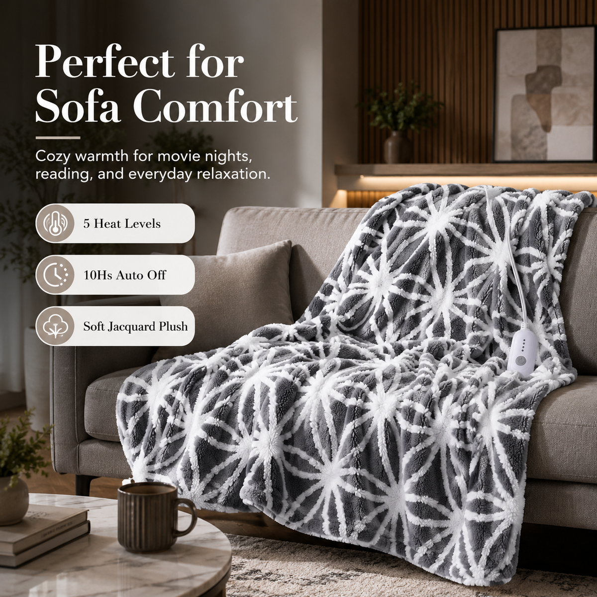 SUNNY HEAT Electric Heated Blanket 5 Heating Levels & 10 H Auto Shut Off, Warm Sherpa & Breathable, 72x84 Inch, Gray