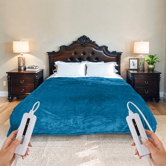 SUNNY HEAT Electric Heated Blanket Queen Size 84" x 90" Soft Flannel with 5 Levels Heating & 10Hs Auto off, Dual Controllers, Machine Washable, Teal