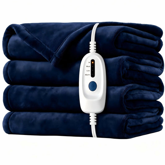 SUNNY HEAT Electric Blanket Heated Twin 62" x 84" -Fast Heating 4 Levels & 10H Auto off, Warm Soft Fannel Machine Washable, for Bed/Couch/Office, Dark Blue