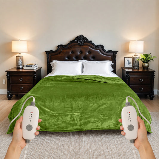 SUNNY HEAT Electric Heated Blanket Queen Size 84" x 90" Soft Flannel with 5 Levels Heating & 10Hs Auto off, Dual Controllers, Dual Zone Temperature Control, Light Grass Green