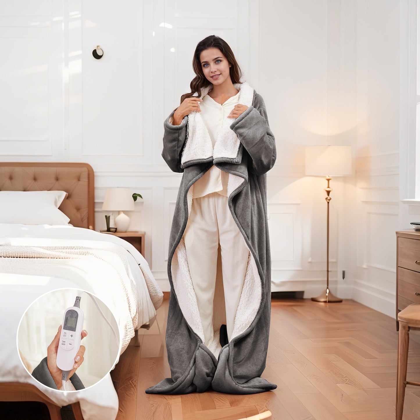 SUNNY HEAT Wearable Electric Heated Blanket 50"x70" , Soft Flanne & Cotton Fleecel,Warm and Cozy, Bed, Sofa,Travel Use,light grey