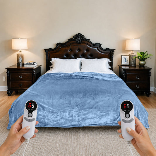 SUNNY HEAT Electric Heated Blanket Queen Size 84" x 90" Soft Flannel with 9 Levels Heating & 10Hs Auto off, Dual Controllers, Machine Washable, Blue Grey