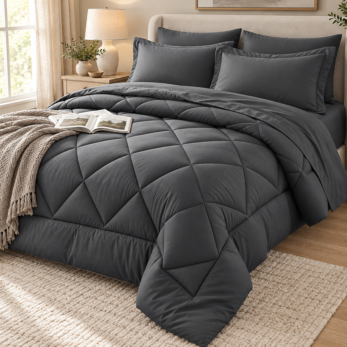 SUNNY HEAT Twin Comforter Set 7 Piece Bed in a Bag, Soft All Season Bedding Set with Comforter, Flat Sheet, Fitted Sheet, Pillowcases and Shams, Machine Washable, Dark Grey