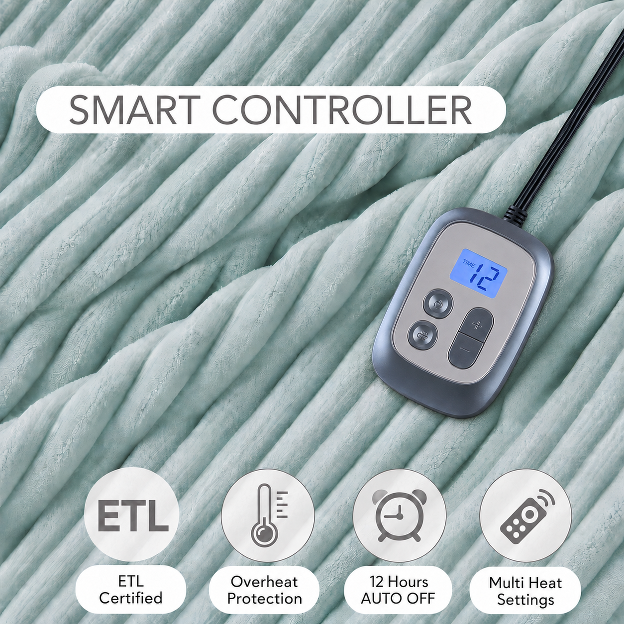 Heated Electric Blanket Ribbed Flannel 72"x84" Full Size - 10 Heating Settings & 12 Hours Auto off, Thick and Warm Washable - Mint Green