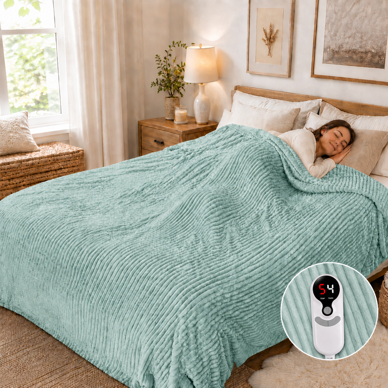 SUNNY HEAT Electric Heated Blanket 62"x84" Twin Size Flannel Machine Washable, Warm and Cozy all Night,9 Heating Levels & 1-10 Hours Auto Off -Pea Green