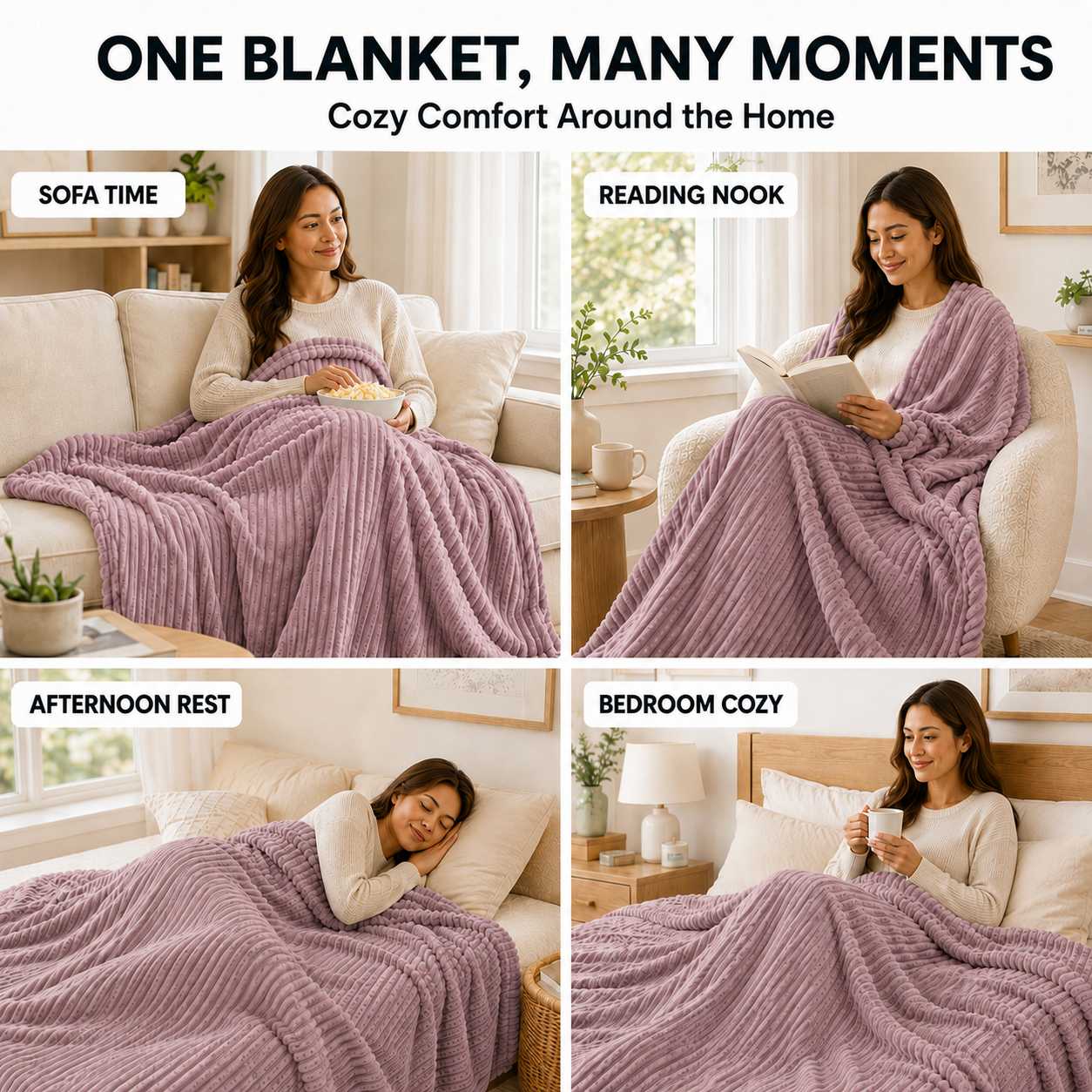 SUNNY HEAT Heated Electric Blanket Ribbed Flannel 50"x60" Throw Size - 9 Heating Levels & 1-10 Hours Auto Off, Thick and Warm Washable - Dusty Pink
