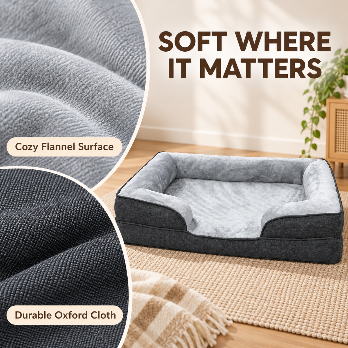 SUNNY HEAT Orthopedic Dog Bed for large Dogs, in Egg Crate Foam Pet Bed with Soft Flannel Surface, Durable Oxford Fabric Puppy Bed,  Dog Couch Bed,with Bolster Sides, Non-Skid, Gray
