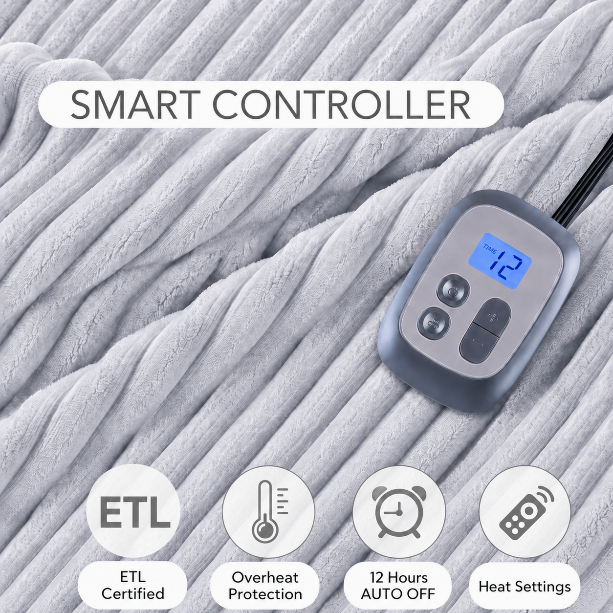 SUNNY HEAT Heated Electric Blanket Soft Flannel Full Size 72" x 84", Fast Heat, 10 Heating Settings & 12 Hours Auto Shut-off,Light Grey