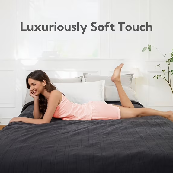 SUNNY HEAT Electric Heated Blanket - Queen 84"x90" Machine Washable Dual Control 10H Auto-Off , Dark Gray