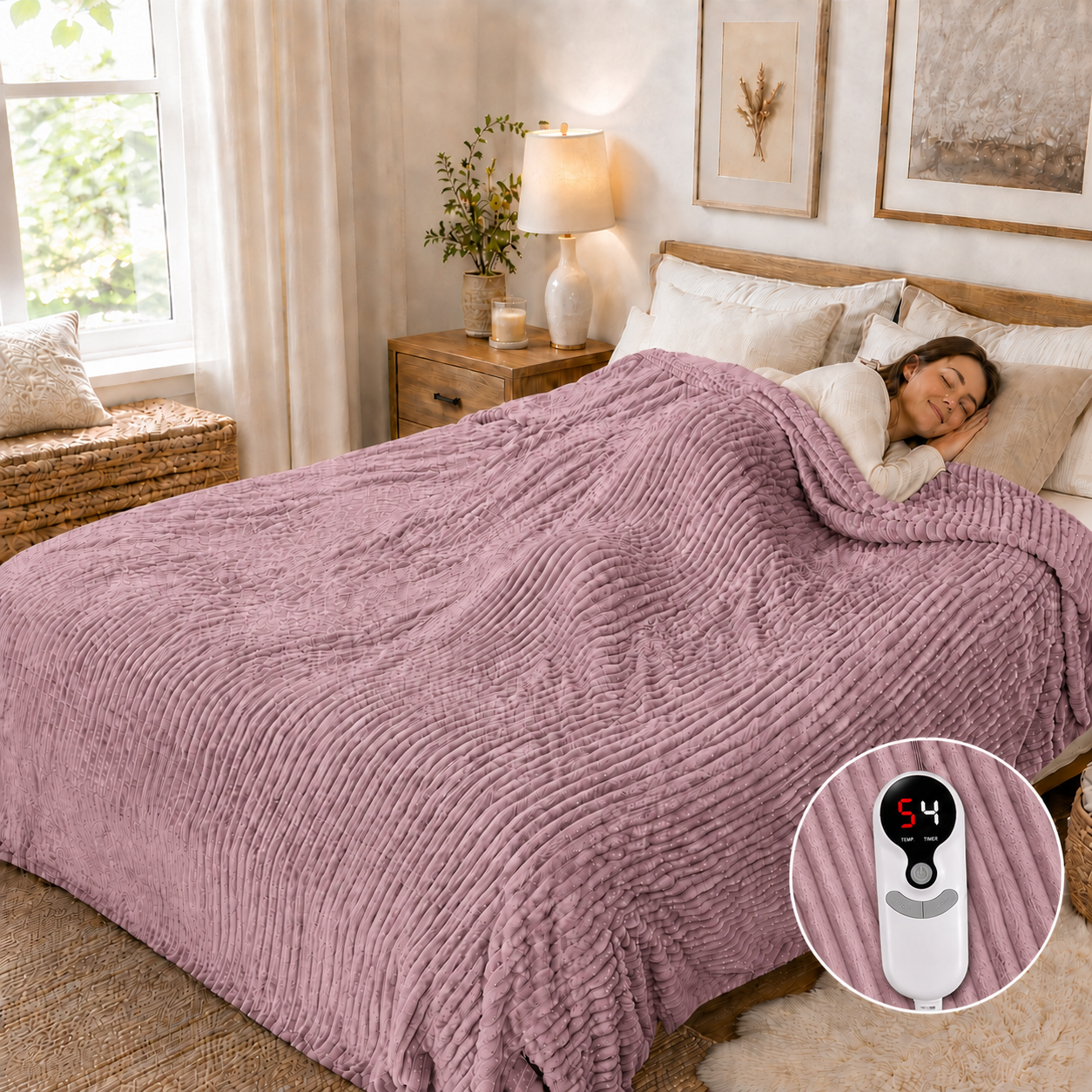 SUNNY HEAT Heated Electric Blanket Ribbed Flannel 62"x84" Twin Size - 9 Heating Levels & 1-10 Hours Auto Off - Dusty Pink