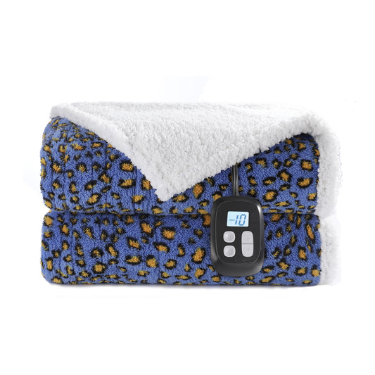 SUNNY HEAT Heated Electric Blanket Full Size 72'' x 84'' 6 Heating Levels & 1-10 Hours Auto Off , Leopard Blue & Yellow