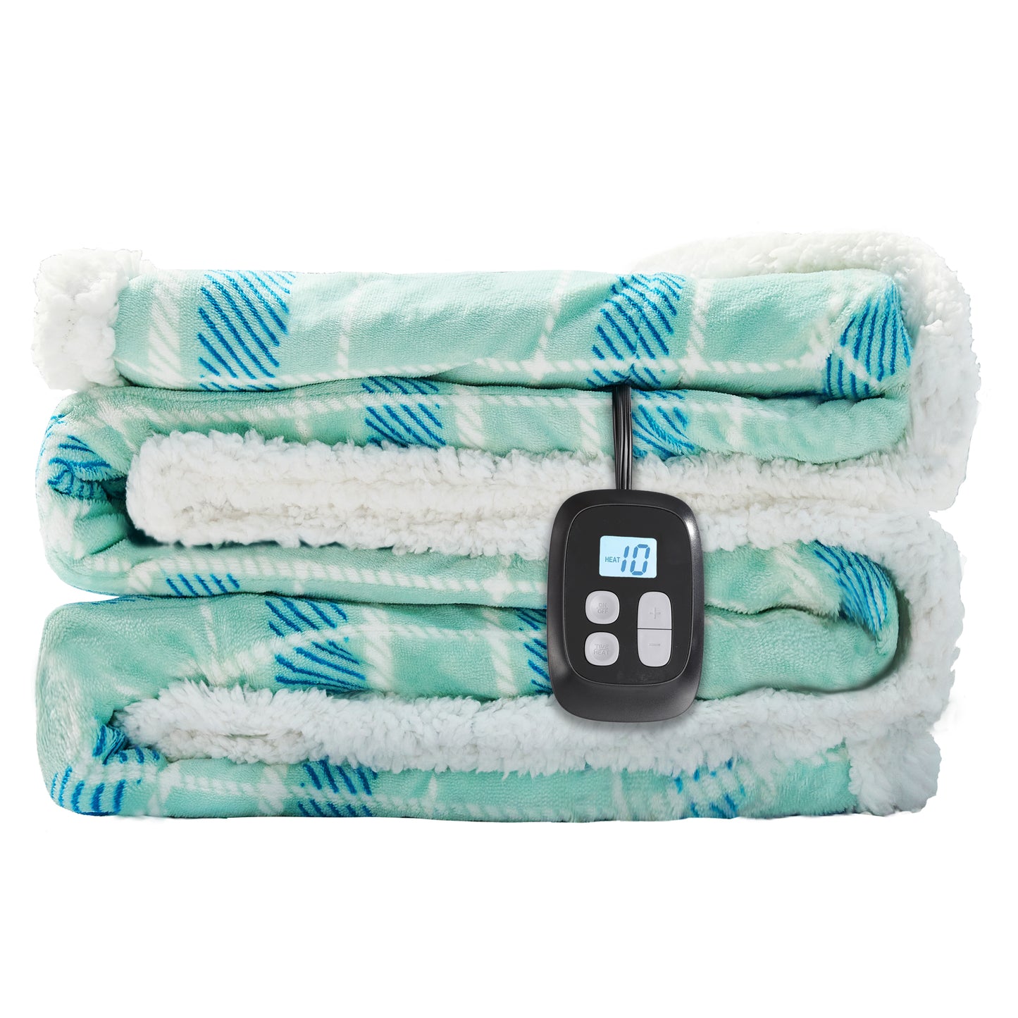 SUNNY HEAT Electric Heated Blanket 72"x84" Full Size, 10 Heating Levels & 12 H Auto Shut Off, Cotton & Microplush Plaid, Green