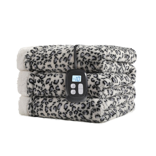 SUNNY HEAT Heated Electric Blanket Full Size 72'' x 84'' 6 Heating Levels & 1-10 Hours Auto Off , Leopard Blue & White
