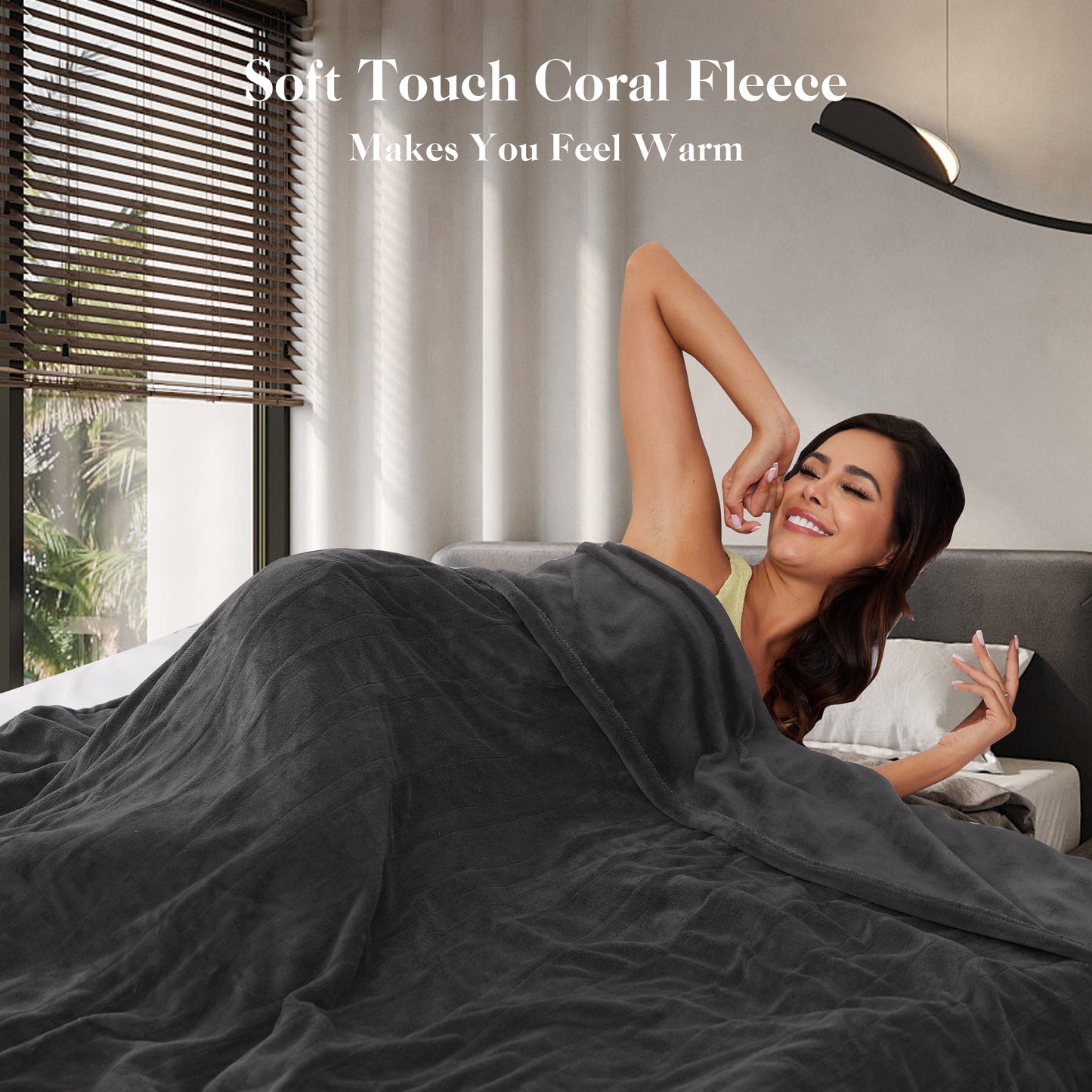 SUNNY HEAT Electric Heated Throw Blanket Coral Fleece 50" x 60" Throw Size-4 Heating Settings & 3 Hours Auto off, Plush Fabric Fast Machine Washablefor-Dark Grey