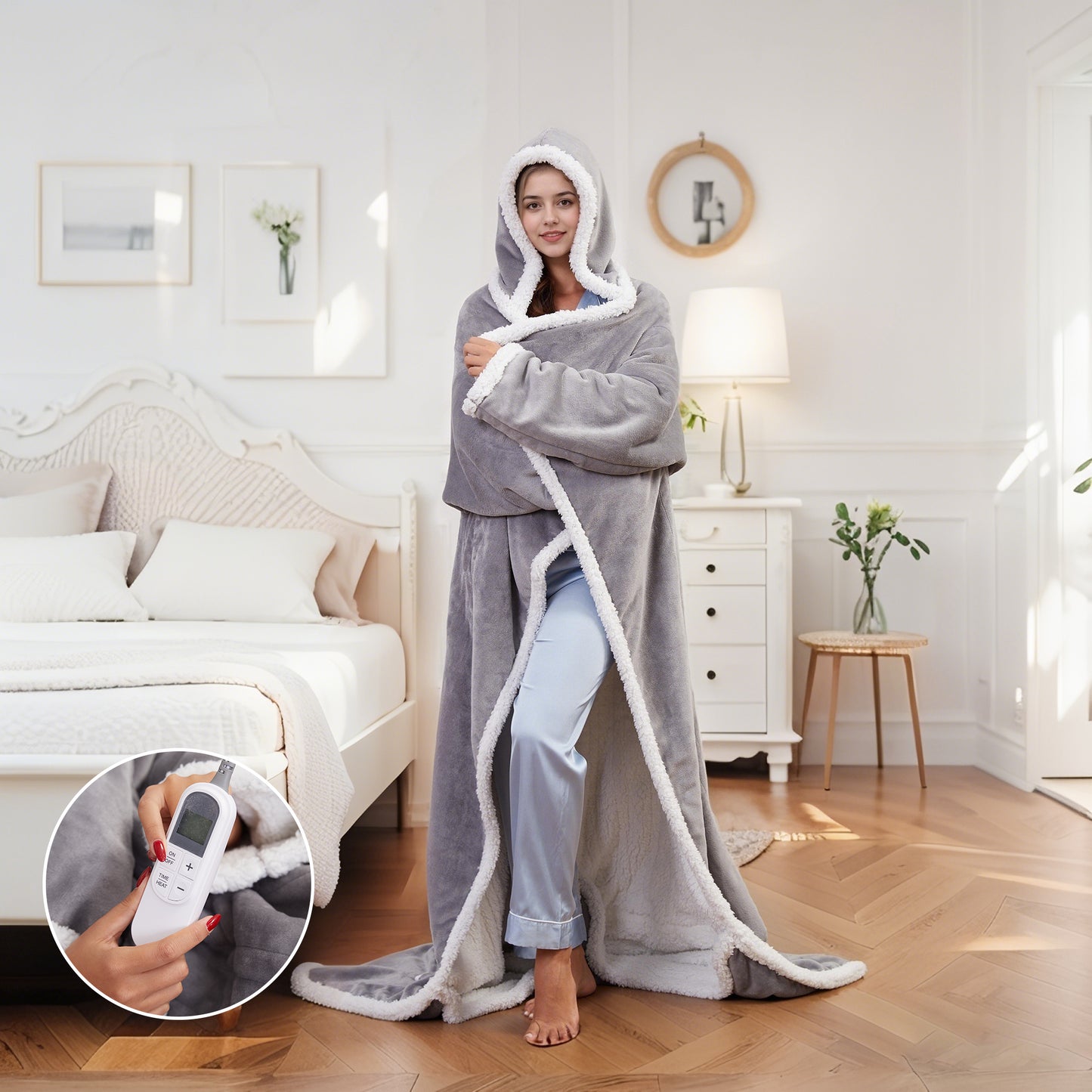SUNNY HEAT Wearable Electric Heated Blanket 50"x70" , Soft Flanne & Cotton Fleecel,Warm and Cozy, Bed, Sofa,Travel Use,light grey
