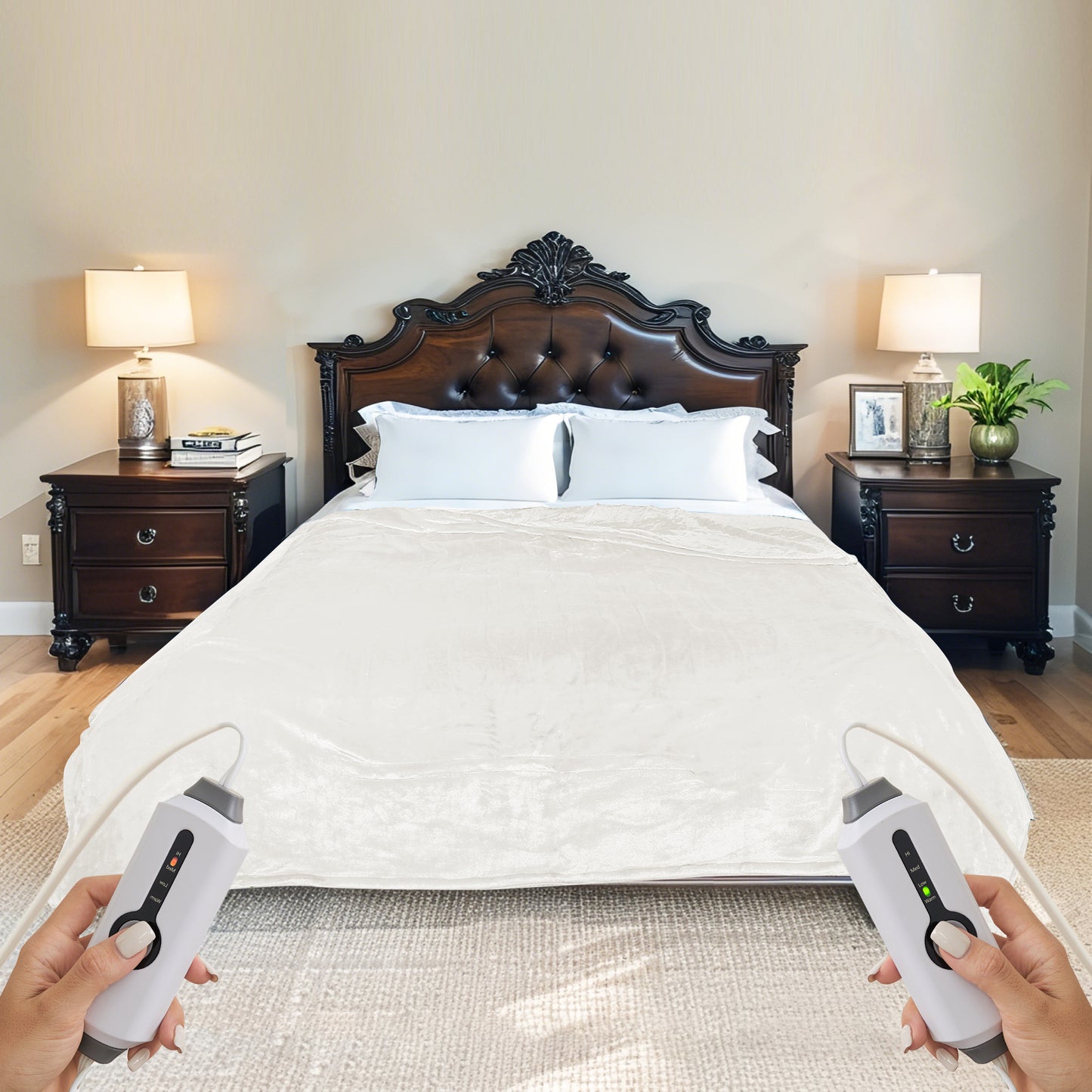 SUNNY HEAT Electric Heated Blanket Flannel King Size 90" x 100" Dual Control, 4 Heating Settings & 10 Hours Auto Off, White