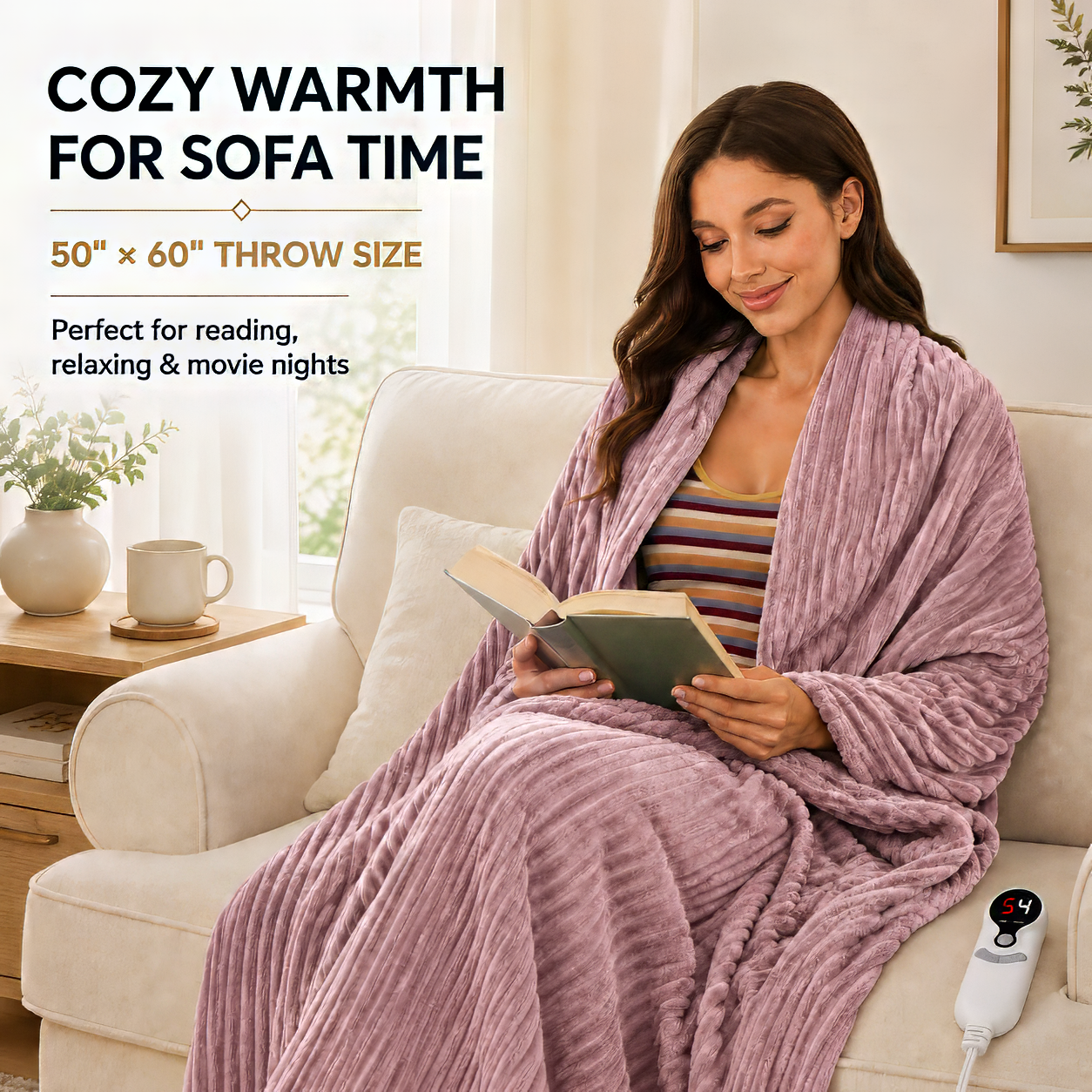 SUNNY HEAT Heated Electric Blanket Ribbed Flannel 50"x60" Throw Size - 9 Heating Levels & 1-10 Hours Auto Off, Thick and Warm Washable - Dusty Pink