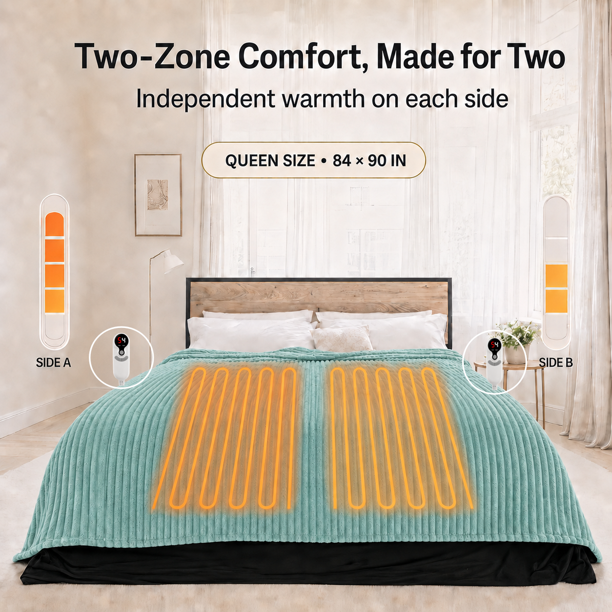 SUNNY HEAT Electric Heated Blanket 84'' x 90'' Queen Size Flannel Machine Washable, Warm and Cozy all Night, 9 Heating Levels & 1-10 Hours Auto Off Dual Control-Pea Green