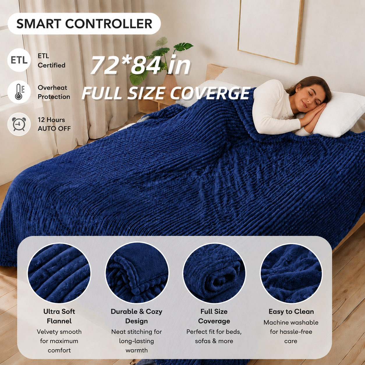SUNNY HEAT Heated Electric Blanket Soft Flannel Full Size 72" x 84", Fast Heat, 10 Heating Settings & 12 Hours Auto Shut-off, Dark Blue