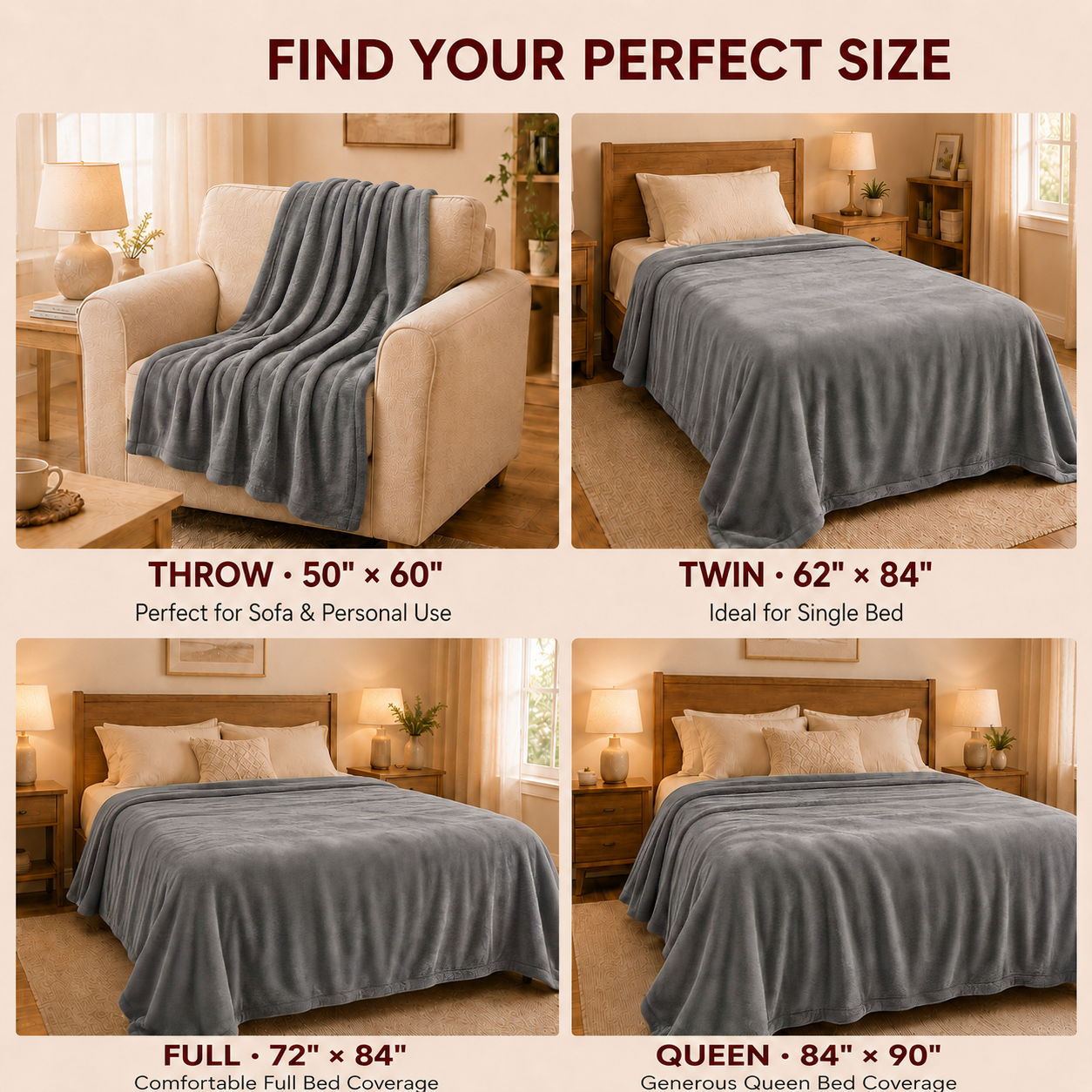SUNNY HEAT Electric Heated Blanket Throw Size 50" x 60" Soft Flannel with 4 Levels Heating & 3 Hs Auto off, Machine Washable, Grey