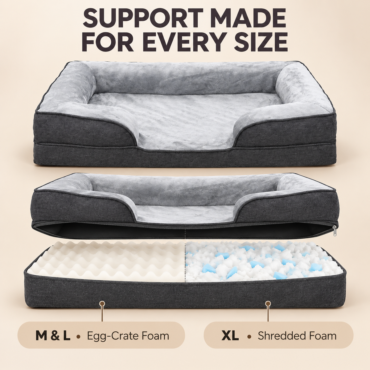 SUNNY HEAT Dog Bed for Small Medium Dogs,Soft Flannel Pet Couch Bed with Egg Crate Foam Cushion, Durable Oxford Fabric Puppy Sleeping Bed, with Bolster Sides,Gray