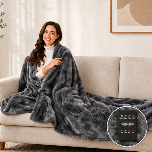SUNNY HEAT Electric Heated Throw Blanket, Soft PV Plush and Sherpa Fleece Blanket with Built-In Controller, 4 Heat Settings, 2H/4H/8H/10H Auto Shut-Off, Grey