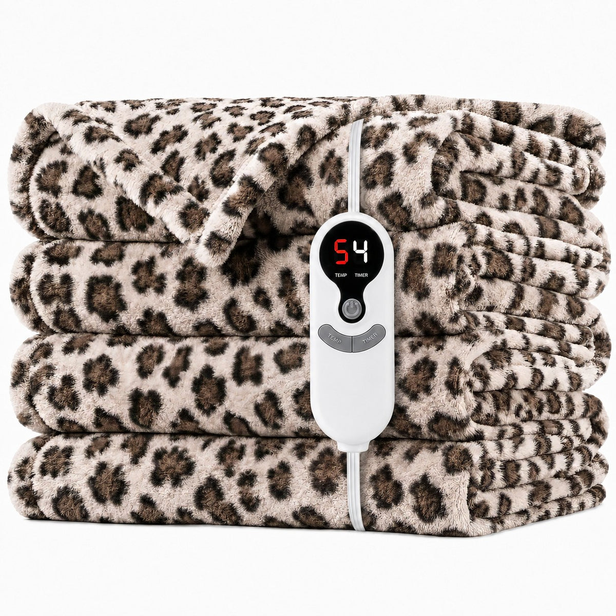 SUNNY HEAT Electric Blanket Heated Throw 50" x 60" -Fast Heating 9 Levels & 10H Auto off, Warm Soft Fannel Machine Washable, for Bed/Couch/Office, Beige Leopard Print